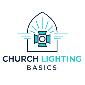 Logo with a stylized chapel outline, a stage light in the center, and the words "Church Lighting Basics" below in bold and light blue text.